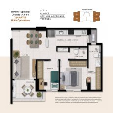 Planta baixa do apartamento Tipo 01 opcional do Residencial Florença com dois quartos, suíte com closet, varanda e cozinha americana.