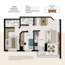 Planta baixa do apartamento Tipo 02 do Residencial Florença com dois quartos, suíte, varanda e cozinha americana integrada.