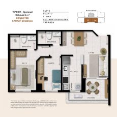Planta baixa do apartamento Tipo 02 opcional do Residencial Florença com dois quartos, suíte, varanda e cozinha americana.