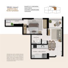 Planta baixa do apartamento Tipo 03 Coluna 3 do Residencial Florença com quarto, sala, cozinha americana e duas varandas.