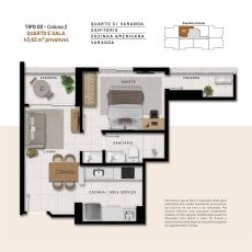 Planta baixa do apartamento Tipo 03 do Residencial Florença com quarto, sala, cozinha americana e duas varandas.