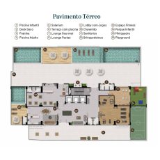 Planta baixa do pavimento térreo do Residencial Florença mostrando áreas de lazer, piscinas, lounge gourmet, academia e playground.