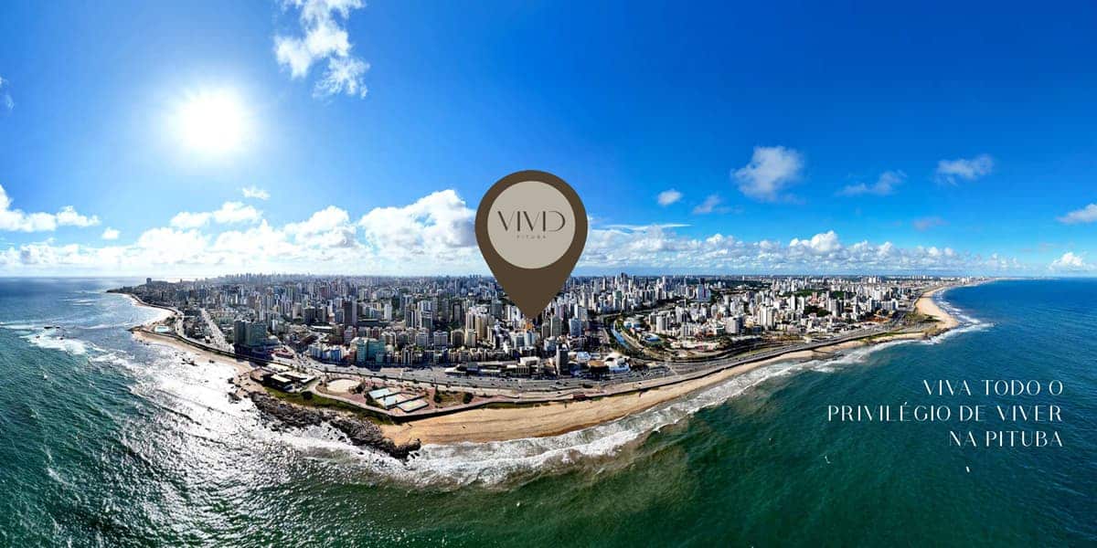 Vista aérea da Pituba em Salvador destacando a localização do Vivid Pituba com marcação no mapa