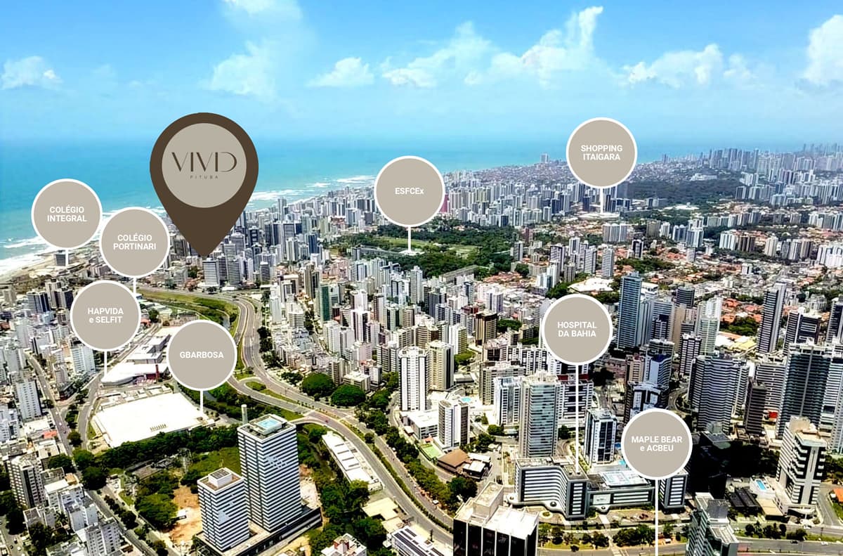 Vista aérea do bairro Pituba em Salvador, mostrando localização do Vivid Pituba e pontos de interesse como escolas, hospitais e shoppings.