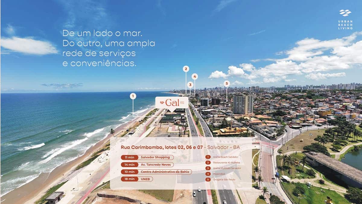 Vista aérea da localização do Gal Urban Beach Living na orla de Salvador, com destaque para a proximidade do mar e principais vias da cidade