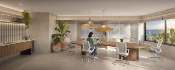 Coworking do Gal Urban Beach Living com mesas compartilhadas, vista para o mar e iluminação natural em Pituaçu Salvador