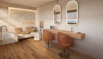 Espaço Beauty do Gal Urban Beach Living com bancada de maquiagem, espelhos iluminados e poltronas em Pituaçu Salvador