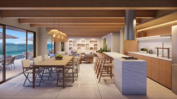 Espaço gourmet com piscina do Gal Urban Beach Living com mesa ampla, bancada e vista externa em Pituaçu Salvador