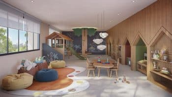 Espaço Kids do Gal Urban Beach Living com brinquedos educativos, escorregador e ambiente lúdico em Pituaçu Salvador