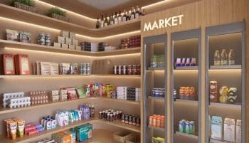 Mini market do Gal Urban Beach Living com prateleiras iluminadas e bebidas refrigeradas em Pituaçu Salvador