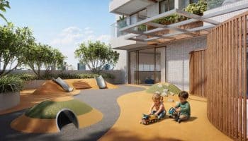Parque infantil do Gal Urban Beach Living com piso lúdico, brinquedos e área segura para crianças em Pituaçu Salvador