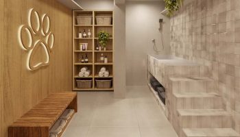 Pet Care do Gal Urban Beach Living com área de banho, bancada e espaço exclusivo para pets em Pituaçu Salvador