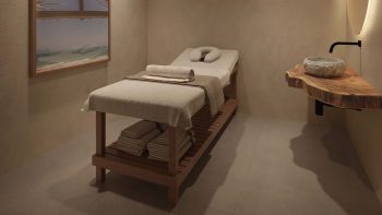 Spa do Gal Urban Beach Living com maca de massagem, ambiente zen e acabamento natural em Pituaçu Salvador