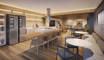 Sport Bar Rooftop do Gal Urban Beach Living com cozinha integrada, mesas e ambiente moderno em Pituaçu Salvador