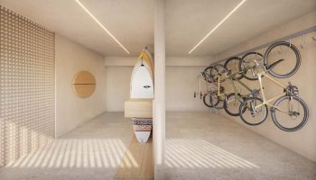 Surf storage e bicicletário do Gal Urban Beach Living com pranchas e bicicletas organizadas em ambiente moderno em Pituaçu Salvador