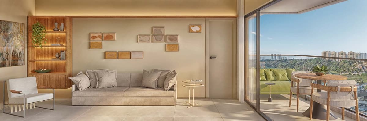 Living integrado à varanda do Gal Urban Beach Living com sala ampla e vista panorâmica em Pituaçu Salvador