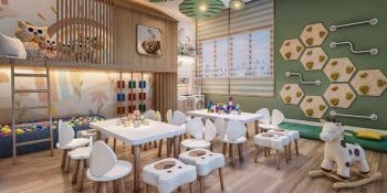 Brinquedoteca do Vivid Pituba com mesas infantis, brinquedos educativos e área de atividades