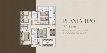 Planta do Vivid Pituba com 3 quartos, 3 suítes, varanda gourmet e 78m² de área privativa