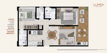 Planta baixa do apartamento com 2 suítes, lavabo, living e varanda gourmet do Lumio Jardim Apipema em Salvador.