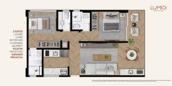 Planta baixa do apartamento com 2 suítes, lavabo, living integrado à varanda gourmet e garagem privativa do Lumio Jardim Apipema em Salvador.