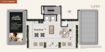 Planta baixa do pavimento rooftop do Lumio Jardim Apipema em Salvador, com sky lounge, terraço panorâmico e confraria gourmet com mesa de sinuca e adega.