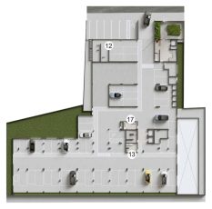 Planta baixa do pavimento térreo do Gal Urban Beach Living destacando o bicicletário e surf storage 12, a lavanderia 17 e o espaço pet 13