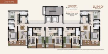 Planta baixa do pavimento tipo do Lumio Jardim Apipema, com opções de apartamentos de 1 quarto com varanda e de 2 suítes com lavabo e varanda gourmet.