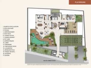 Planta baixa do playground do Lumio Jardim Apipema em Salvador, com piscina, hidromassagem, lounge gourmet, academia, coworking e quadra esportiva.
