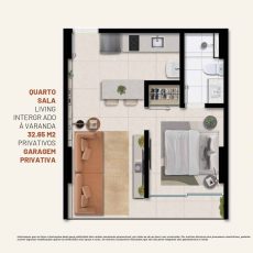 Planta baixa do apartamento quarto e sala do Lumio Jardim Apipema em Salvador, com 32,65 m², living integrado à varanda e garagem privativa.