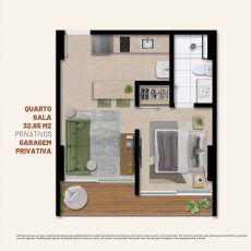 Planta baixa do apartamento quarto e sala do Lumio Jardim Apipema, com 32,65 m² de área privativa, varanda integrada e garagem exclusiva.