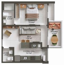 Planta baixa do apartamento Tipo A do Gal Urban Beach Living com quarto, sala integrada, varanda e 46m²