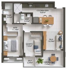 Planta baixa do apartamento Tipo B do Gal Urban Beach Living com 2 quartos, suíte, sala, cozinha, varanda e 64m²