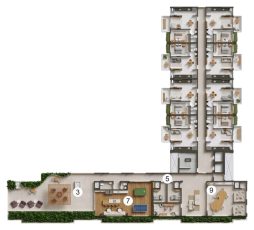 Planta baixa do rooftop do Gal Urban Beach Living destacando o rooftop 3, o spa 5, o sport bar 7 e o coworking 9