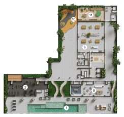 Planta baixa do pavimento de lazer do Gal Urban Beach Living com piscina 1, academia 2, salão de festas 6, espaço gourmet 8, playground 10 e espaço kids 11