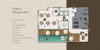 Planta do playground do Vivid Pituba com salão de festas, piscina, academia, deck molhado e áreas sociais