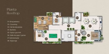 Planta do rooftop do Vivid Pituba com skylounge, coworking, brinquedoteca, salão gamer e espaço gourmet