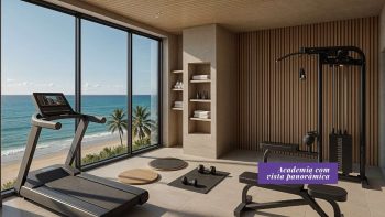 Academia moderna com vista panorâmica para o mar no Yu Corsário Smart Hub, na Pituba, Salvador, equipada para treinos completos.