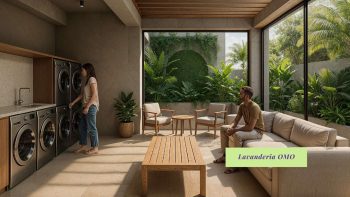 Lavanderia OMO do Yu Corsário Smart Hub com máquinas modernas, área de estar integrada e ambiente confortável na Pituba, Salvador.