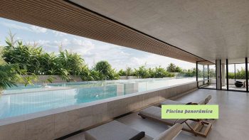 Piscina panorâmica do Yu Corsário Smart Hub com borda elegante, área de descanso e integração com o paisagismo na nova orla de Salvador.