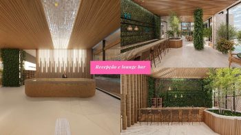 Recepção e lounge bar do Yu Corsário Smart Hub com design sofisticado, paisagismo interno e espaços de convivência na Pituba, Salvador.