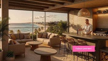Espaço gourmet do Yu Corsário Smart Hub com vista para o mar, área integrada de estar e cozinha moderna na nova orla de Salvador.