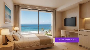 Studio do Yu Corsário Smart Hub com vista para o mar, ambiente moderno, layout funcional e acabamento de alto padrão na Pituba, Salvador.