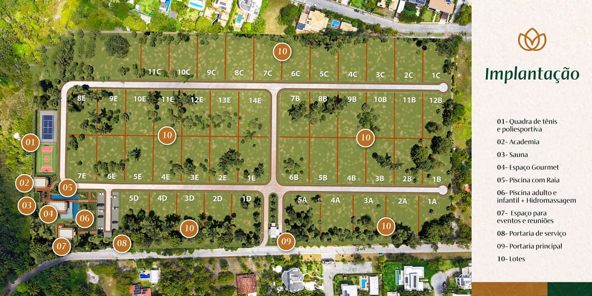Mapa de implantação do Reserva Byom exibindo lotes, quadra de tênis, academia, piscinas, sauna, espaço gourmet, portarias e áreas verdes.