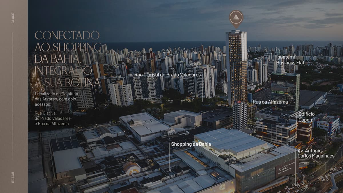 Vista aérea da localização do Beach Class Bahia, integrado ao Shopping da Bahia, com acessos pelas ruas Clarival do Prado Valadares e da Alfazema