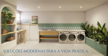 Lavanderia compartilhada do OCEAN Jardim Brasil, com máquinas modernas, bancada de apoio e ambiente organizado no bairro Jardim Brasil, na Barra, em Salvador.