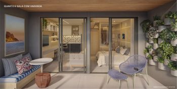 Apartamento de quarto e sala com varanda no OCEAN Jardim Brasil, com integração entre sala, cozinha e dormitório, na Barra, em Salvador.