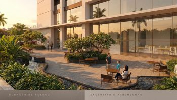 Alameda de acesso do Beach Class Bahia com paisagismo, áreas de convivência e espaços ao ar livre no Caminho das Árvores, em Salvador.