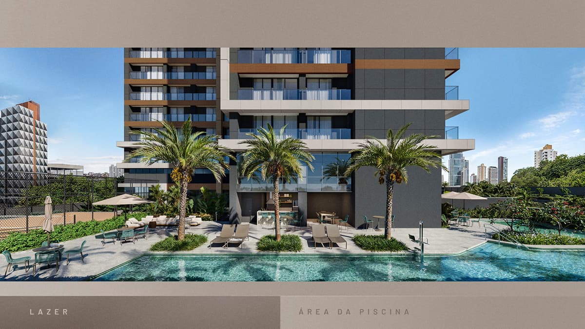 Área da piscina do Beach Class Bahia com lazer e paisagismo Área da piscina do Beach Class Bahia com deck, espreguiçadeiras, paisagismo e lazer ao ar livre no Caminho das Árvores, Salvador.