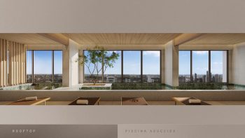 Piscina aquecida no rooftop do Beach Class Bahia com vista panorâmica de Salvador e ambiente de wellness no Caminho das Árvores.