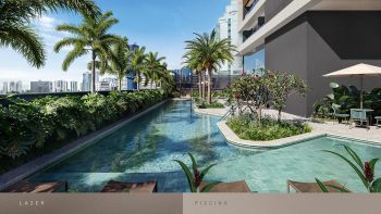 Piscina do Beach Class Bahia com raia, paisagismo tropical e área de lazer ao ar livre no Caminho das Árvores, Salvador.